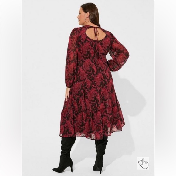 NWT Torrid Red and Black Paisley and Swiss Dot Midi Dress Ties In Back Size 1X - Picture 2 of 4